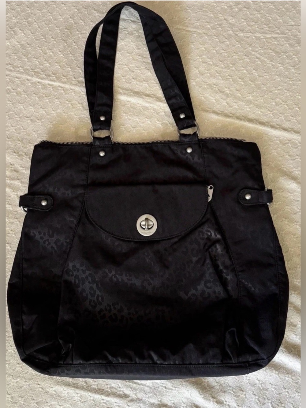 Baggallini Black Tote with Subtle Leopard Pattern
